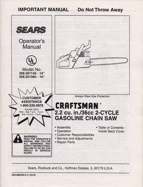 Craftsman 358.351060 Sears Operator S Manual For 14 Inch And 16 Chainsaws - New Never Used L K