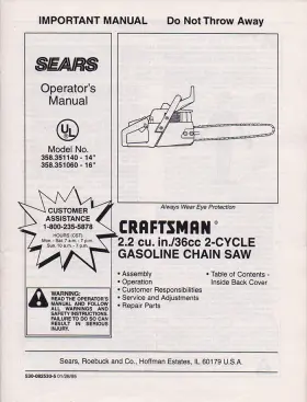358.351060 Craftsman Sears Operator S Manual For 14 Inch And 16 Chainsaws - New Never Used L K