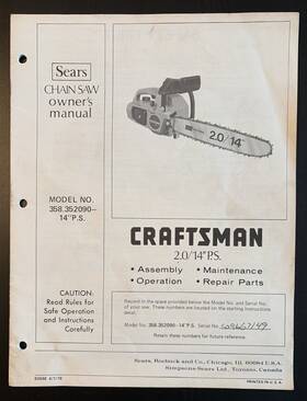 Craftsman 358.352090-14ps Vtg And Orig 1978 Manual Only For Sears Chain Saw Model 358.352090-14 Inch Ps