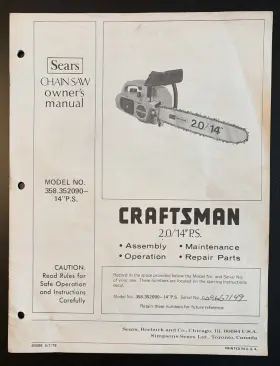 358.352090-14ps Craftsman Vtg And Orig 1978 Manual Only For Sears Chain Saw Model 358.352090-14 Inch Ps