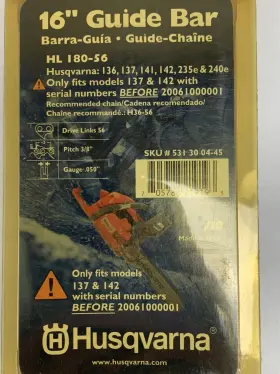 5313004-45 Husqvarna 531300445 16 Inch Guide Bar Hl 180-56 New 56 Dl 3/8 Pitch .050
