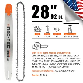 Had28-92-3858f Neotec 28 Inch Chainsaw Guide Bar Chain 3/8ftft 0.058 92dl For Husqvarna 288 372xp 394 395xp