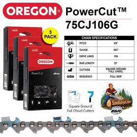 Oregon 75cj106g 3-pack Powercut Chains- 3/8 Inch Pitch .063 Gauge 106 Dl 3