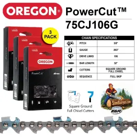 75cj106g Oregon 3-pack Powercut Chains- 3/8 Inch Pitch .063 Gauge 106 Dl 3
