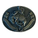 Vintage Solid Brass Rodeo Bucking Horse Rider Belt Buckle Oval Award Design Used. Price: $26.99.