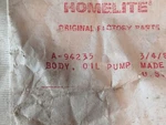 New Homelite Chainsaw Oil Pump Body A-94235. Price: $29.99.