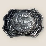 Vintage Western Silver-tone Belt Buckle Scenic Mountain And Logging Design Used. Price: $18.74.